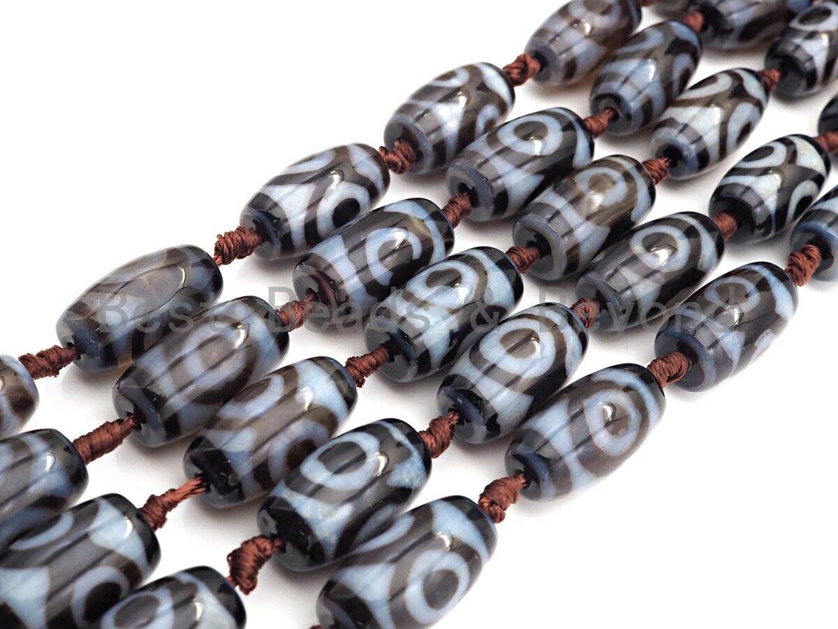 1pc/11pc Natural Tibetan Agate Barrel Spacer Beads, Blue White Black Dzi Spacer Beads, Tibetan Dzi Beads, 13x25mm, sku#U866