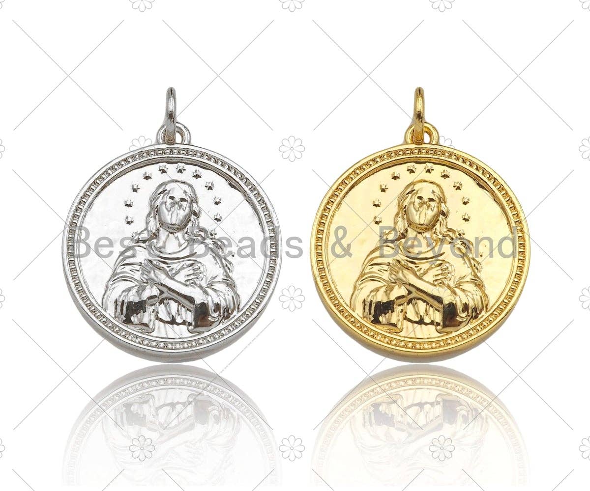 Dianty Embossment Virgin Mary On Round Coin Shape Pendant/Charm,Dainty Medallion Charm, Necklace Bracelet Charm Pendant,19x21mm, Sku#L510