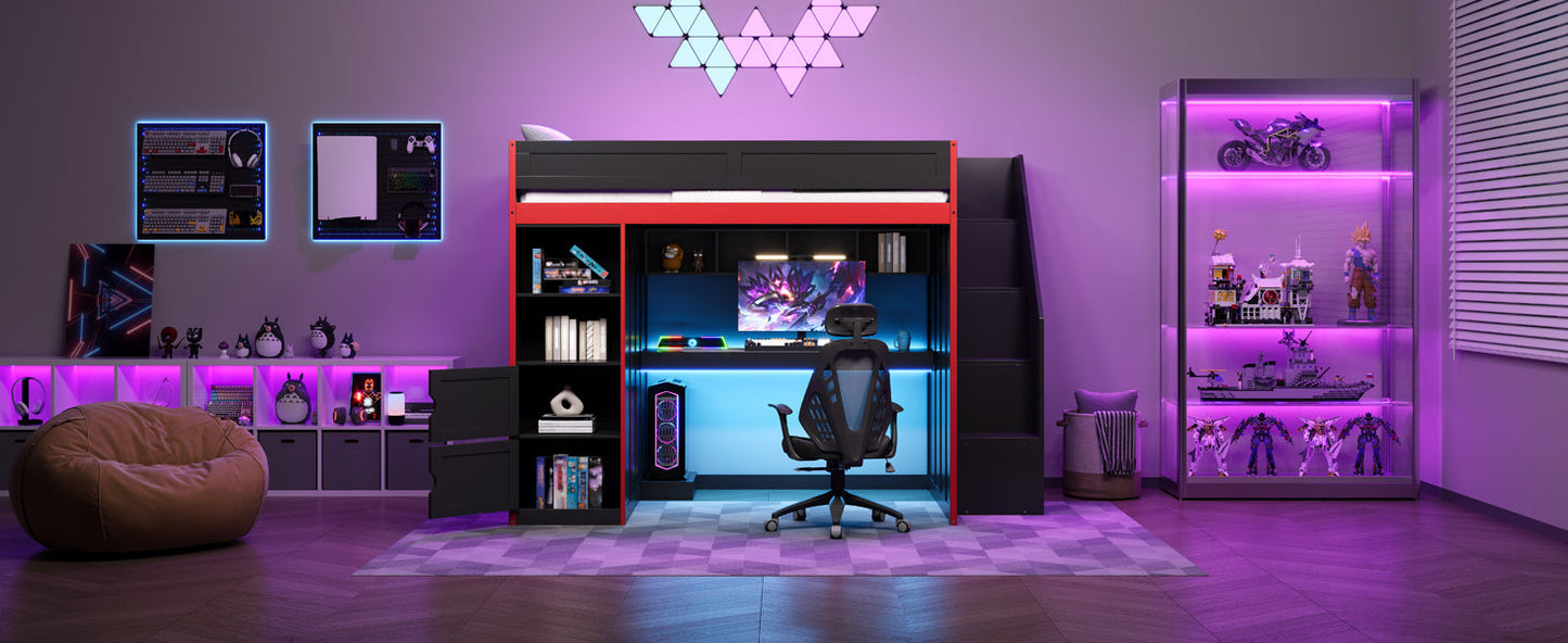 Gaming Loft Bed with Desk and Storage, LED Lights, Full
