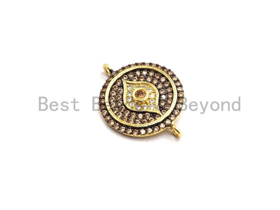 Colorful CZ Micro Pave Round Evil Eye Connector, Green/Black/Cobalt/Turquoise/Champagne/Fuchsia Spacer Connector, 15x21mm,sku#E415