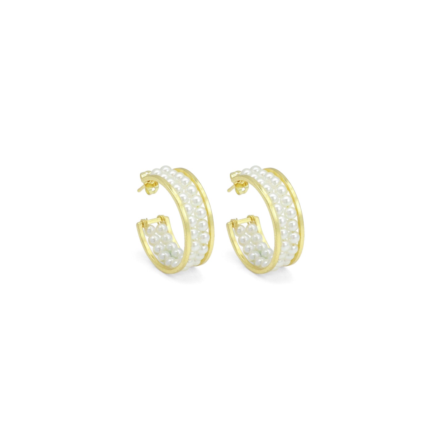 Double Line Pearl Gold Hoop Shape Stud Earrings, Sku#FH238