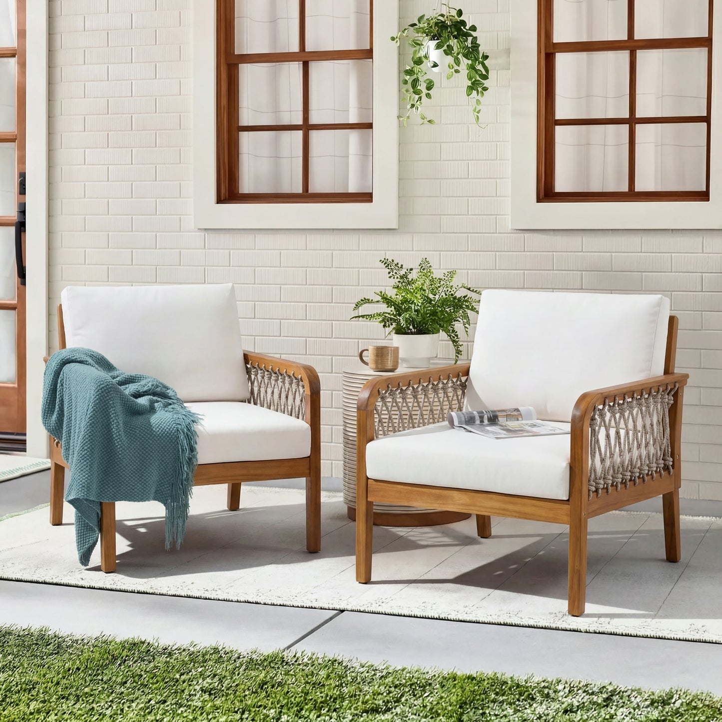 Outdoor Acacia Wood Club Chair with Handwoven Rope (Set of 2)
