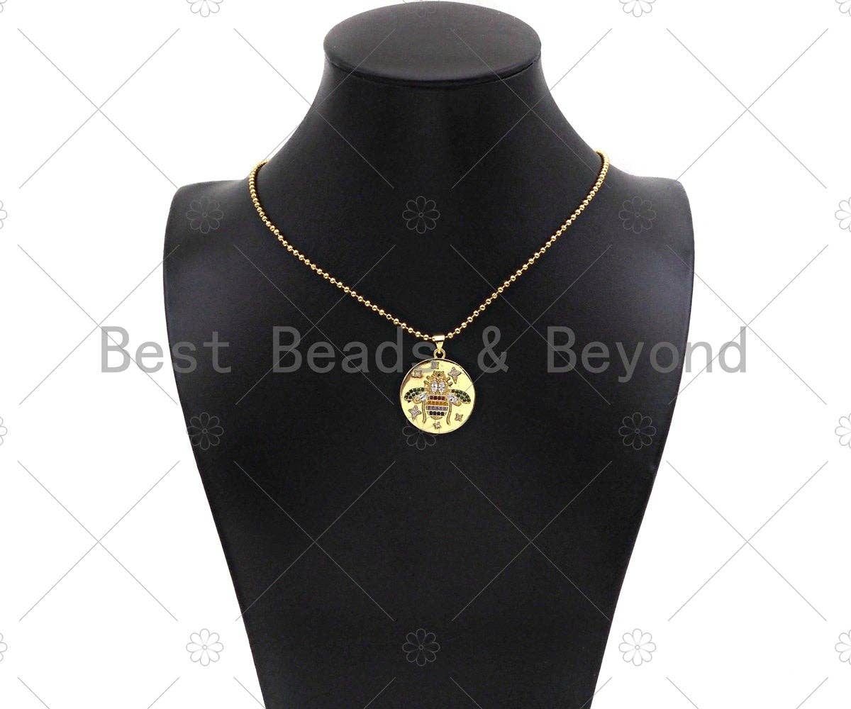 Colorful CZ Micro Pave Bee/Elephant/Butterfly On Round Coin Pendant,18K Dainty Gold Medallion Charm,Necklace Bracelet Charm,24x27mm,Sku#JL31