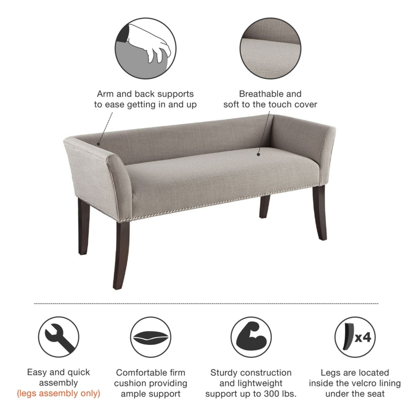 Elegant Design Bench Upholstery, Solid Wood Frame