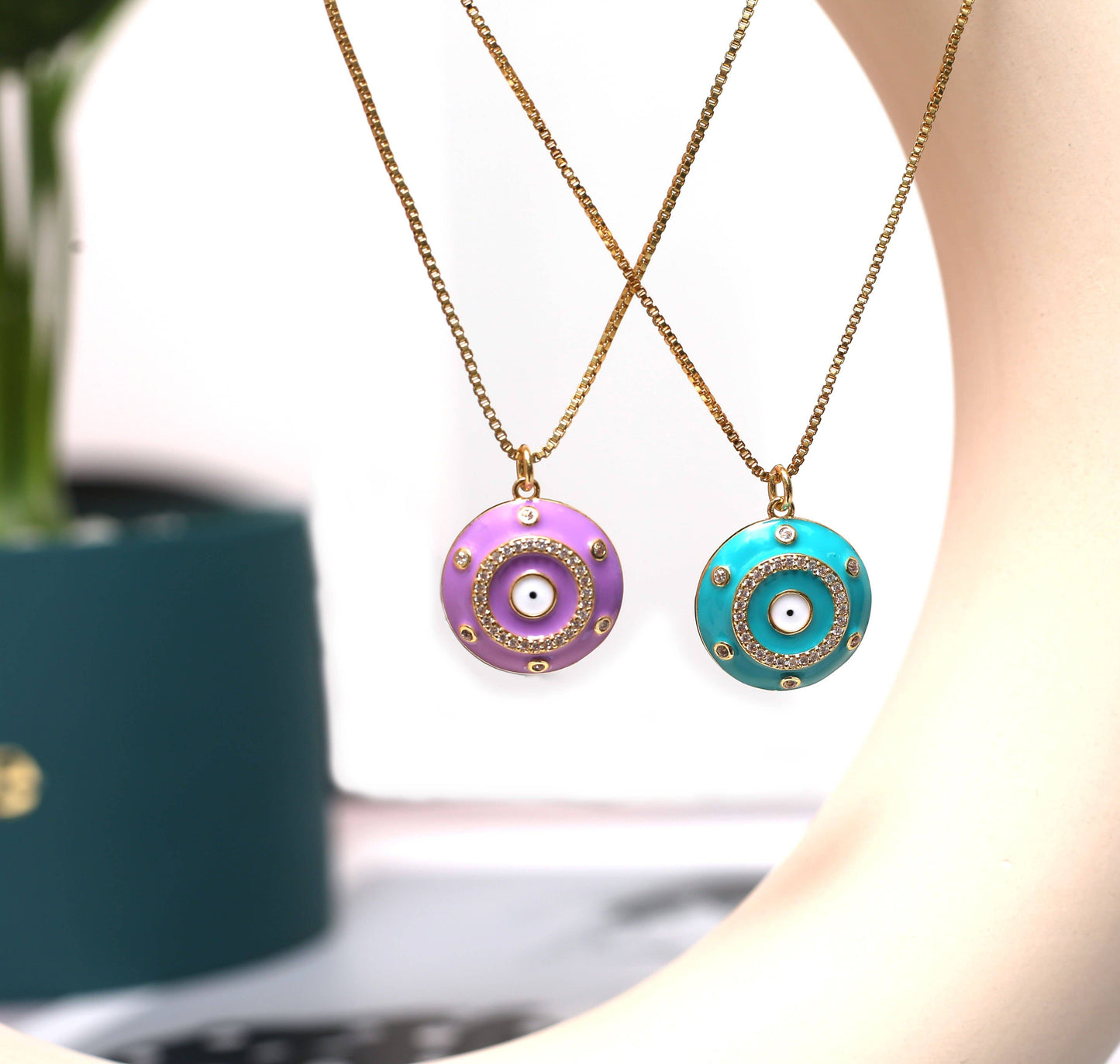 CZ Enamel Evil Eye Round Pendant, Sku#L655