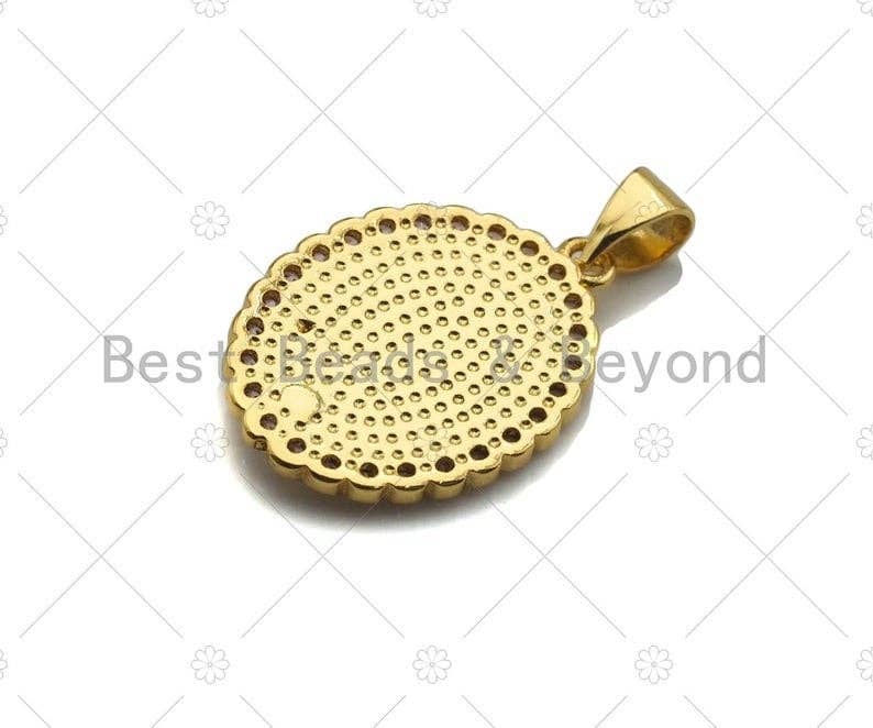Mary Pink Mother-of-pearl Inlay Oval Pendant, Cubic Zirconia Pendant, Gold Pink Tone, Reglious charm, 15x22mm, Sku#LK71