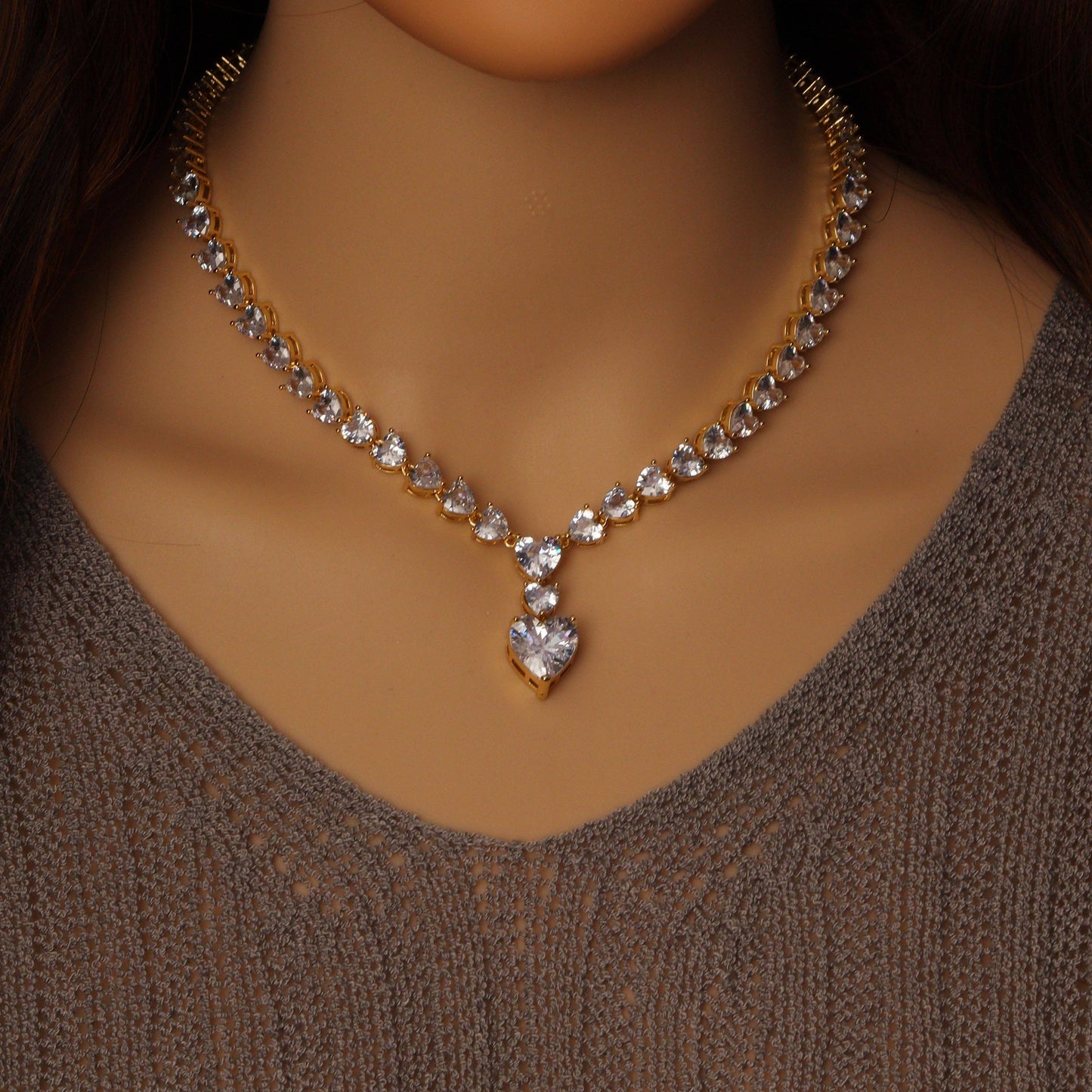 Silver Gold CZ Heart Link Heart Drop Statement Necklace, Sku#A120