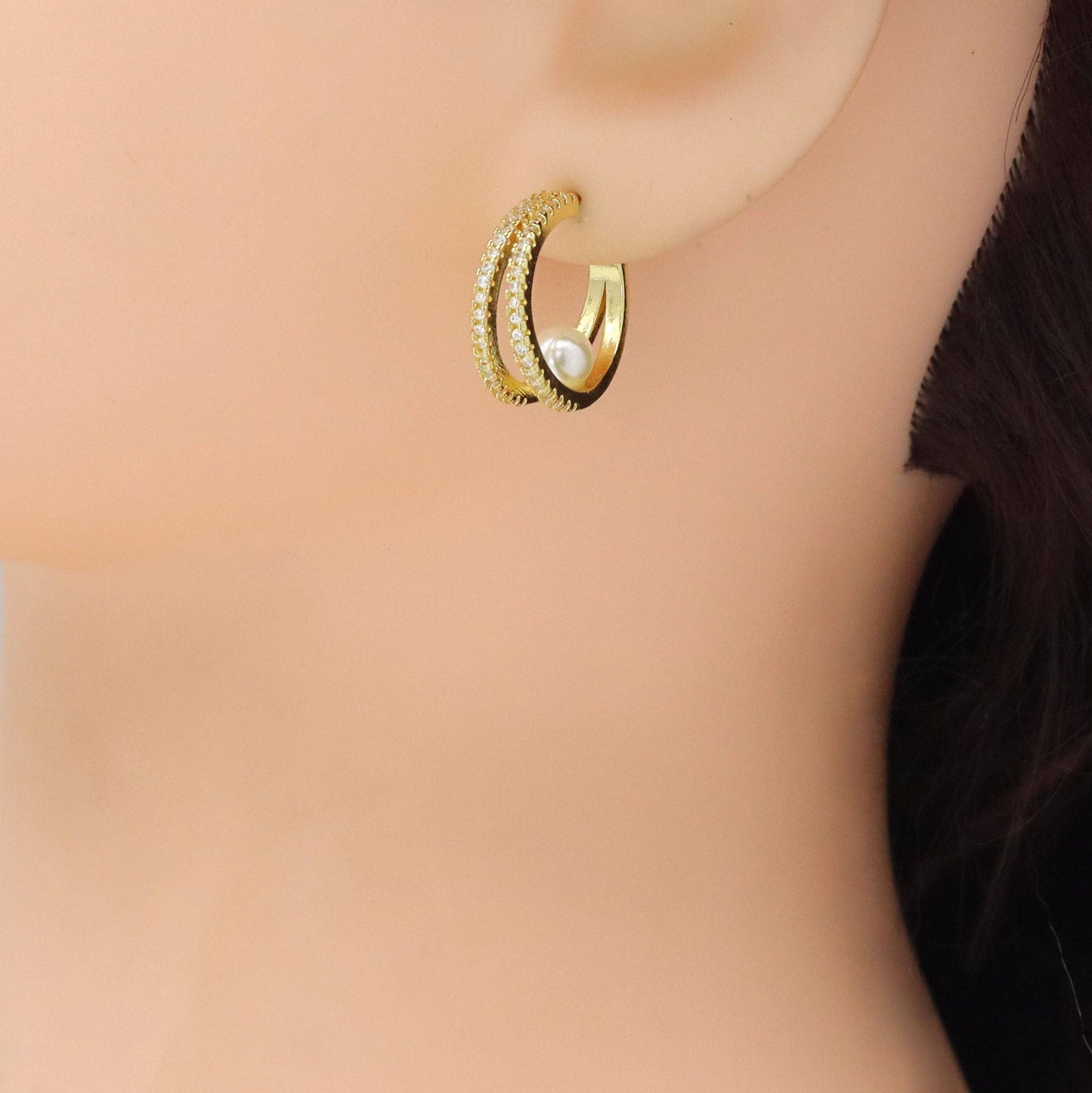 Clear CZ Double Line Pearl Earrings, Sku#LK1013