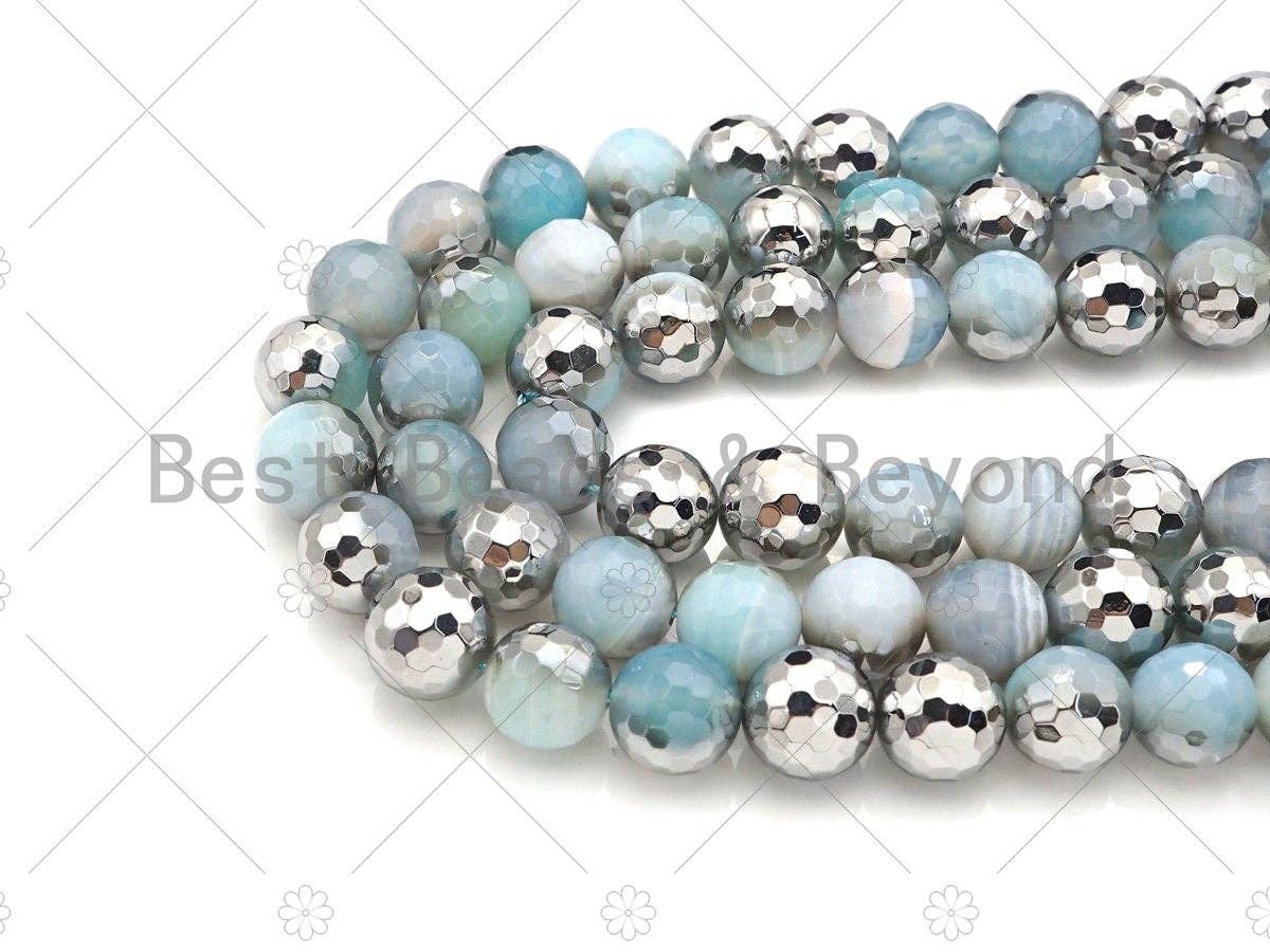 Natural Half Silver Opal Blue Agate Beads, 8mm/10mm/12mm Round Faceted Light Blue Agate Beads, 15.5 Full Strand, sku# UA126
