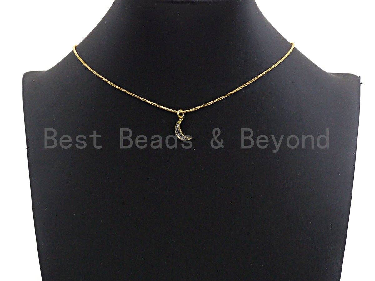 Clear Black CZ Micro Pave Crescent Moon Pendant, Cubic Zirconia Pendant, 24K Gold Tone, 7x14mm, Sku#Z489