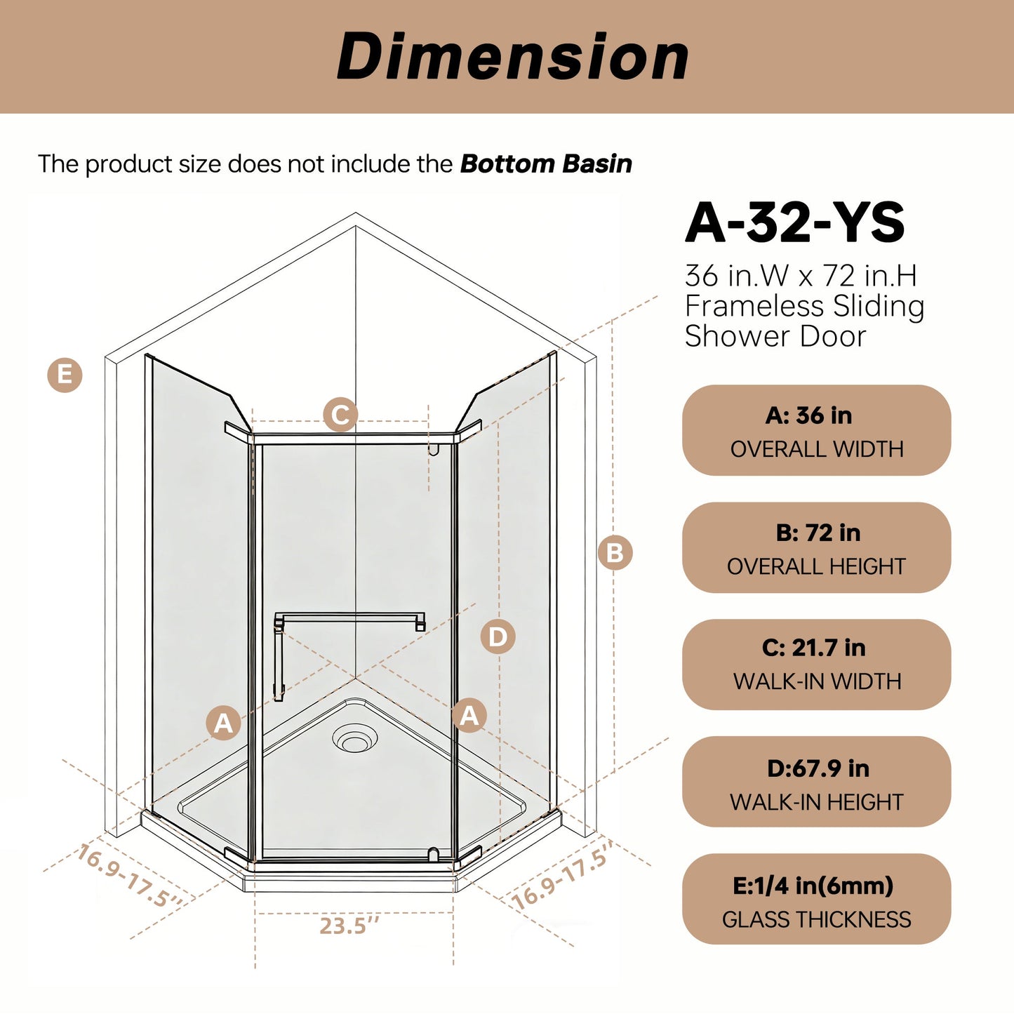 Frameless Neo-Angle Pivot Shower Enclosure - 36" x 36" x 72"