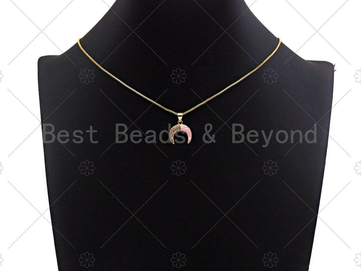 Pink Pendant/Charm, Pink Mother-of-pearl Horn Pendant, Cubic Zirconia Pendant, Gold Tone, 15x16mm, Sku#LK70