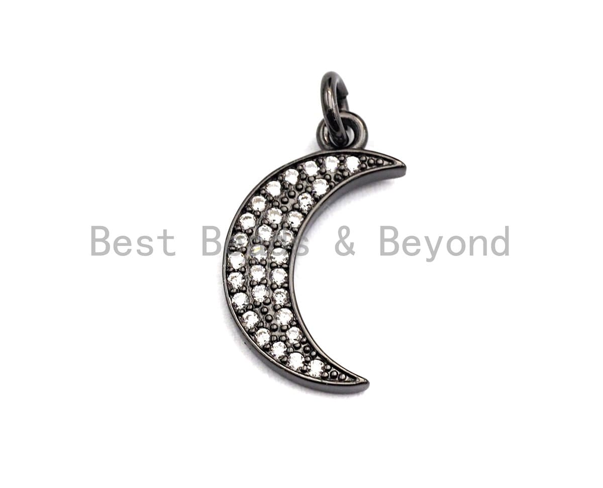 CZ Micro Pave Crescent Moon Pendant, Cubic Zirconia Pendant, Silver/Gold/Rose Gold/Black Tone, 11x19mm, Sku#X108