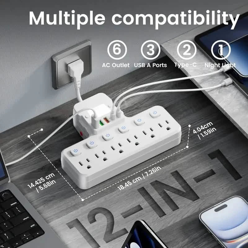 12-in-1調節可能デスクランプ電源タップ – 6つのACコンセント、3つのUSB-A＆2つのType-Cポート、サージ保護付き
