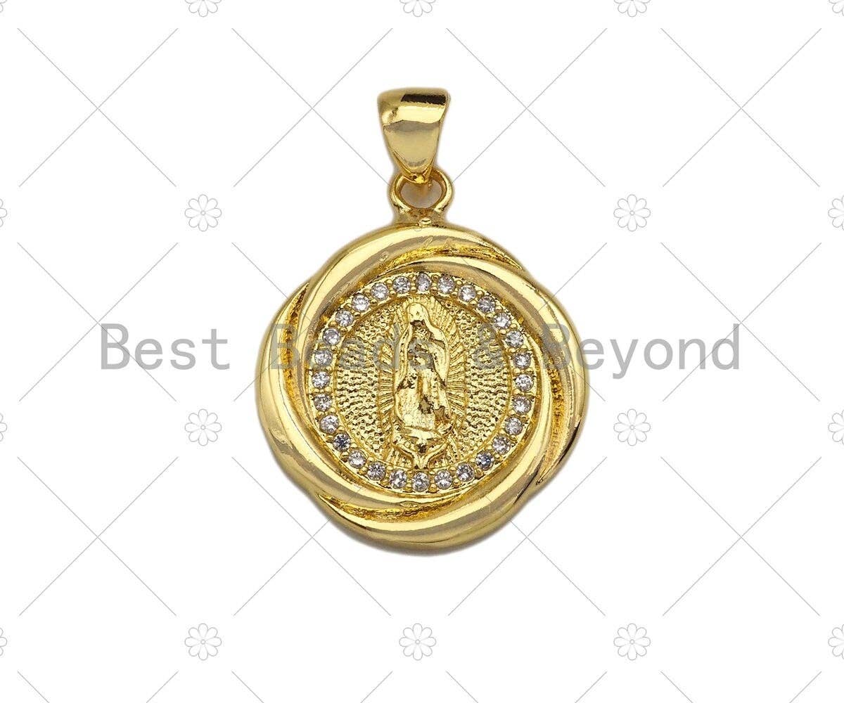 18k Dainty Gold Virgin Mary On Round Flower Shape Charms, Dainty Charms, Gold Pendant, Round Flower Necklace Charms, 18x21mm, Sku#LK168
