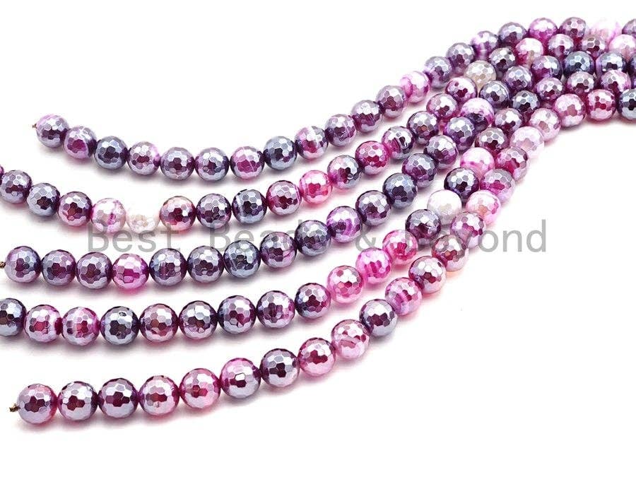Mystic Plated Fuchsia Pink Faceted Agate Beads,6mm/8mm/10mm/12mm, Plated Fuchsia Agate Beads,15.5" Full Strand, SKU#U440