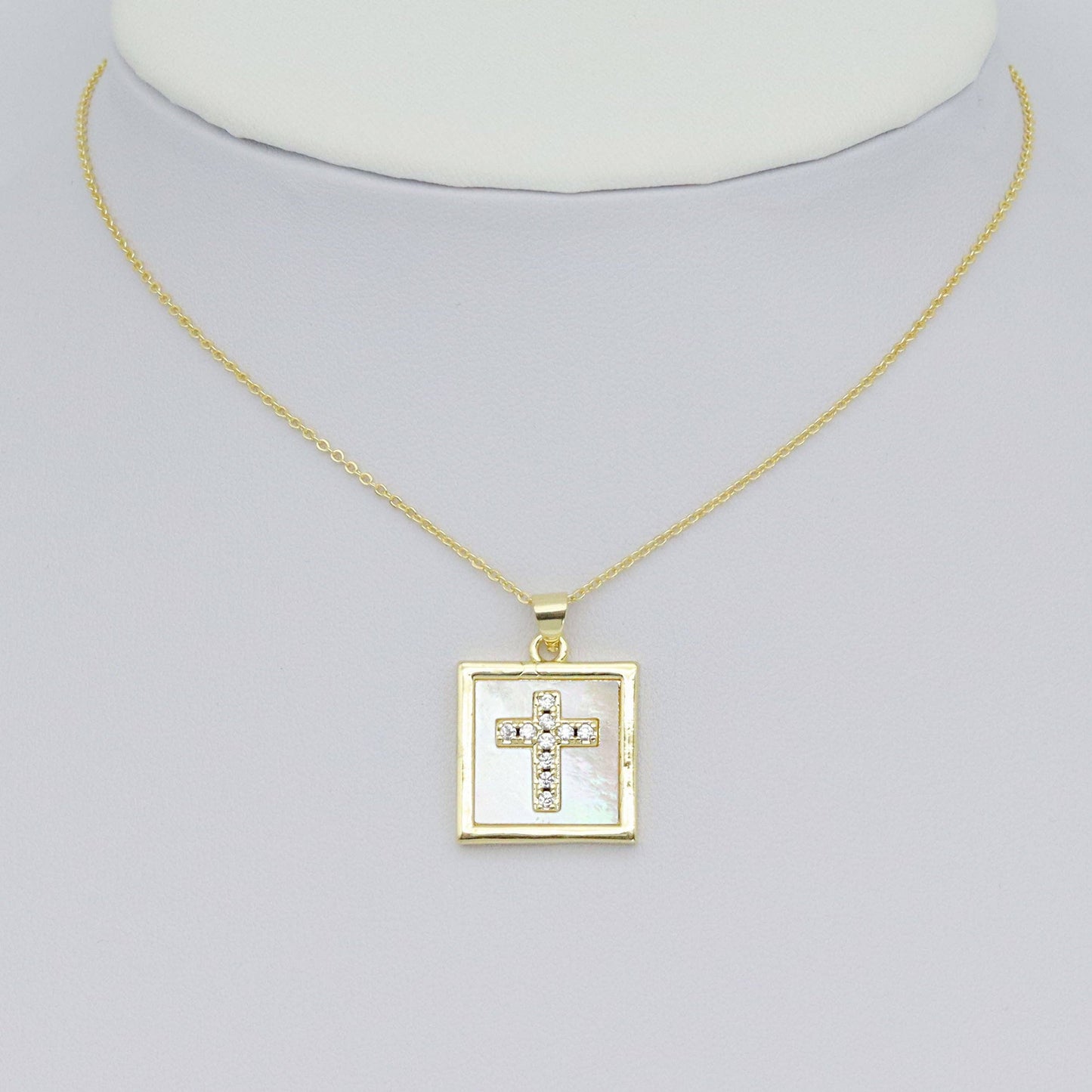 Gold Clear CZ Cross On Square Mother of Pearl Charm Pendant, Sku#LK994