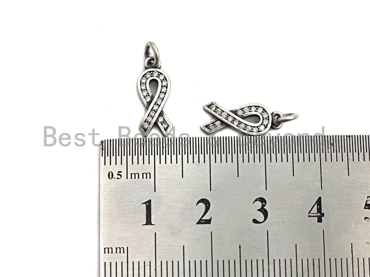 Rhidium CZ Micro Pave Breast Cancer Awareness Ribbon Charm, AIDS Care Cubic Zirconia Pendant Charm, Antique Silver Color, 6x16mm,sku#X117