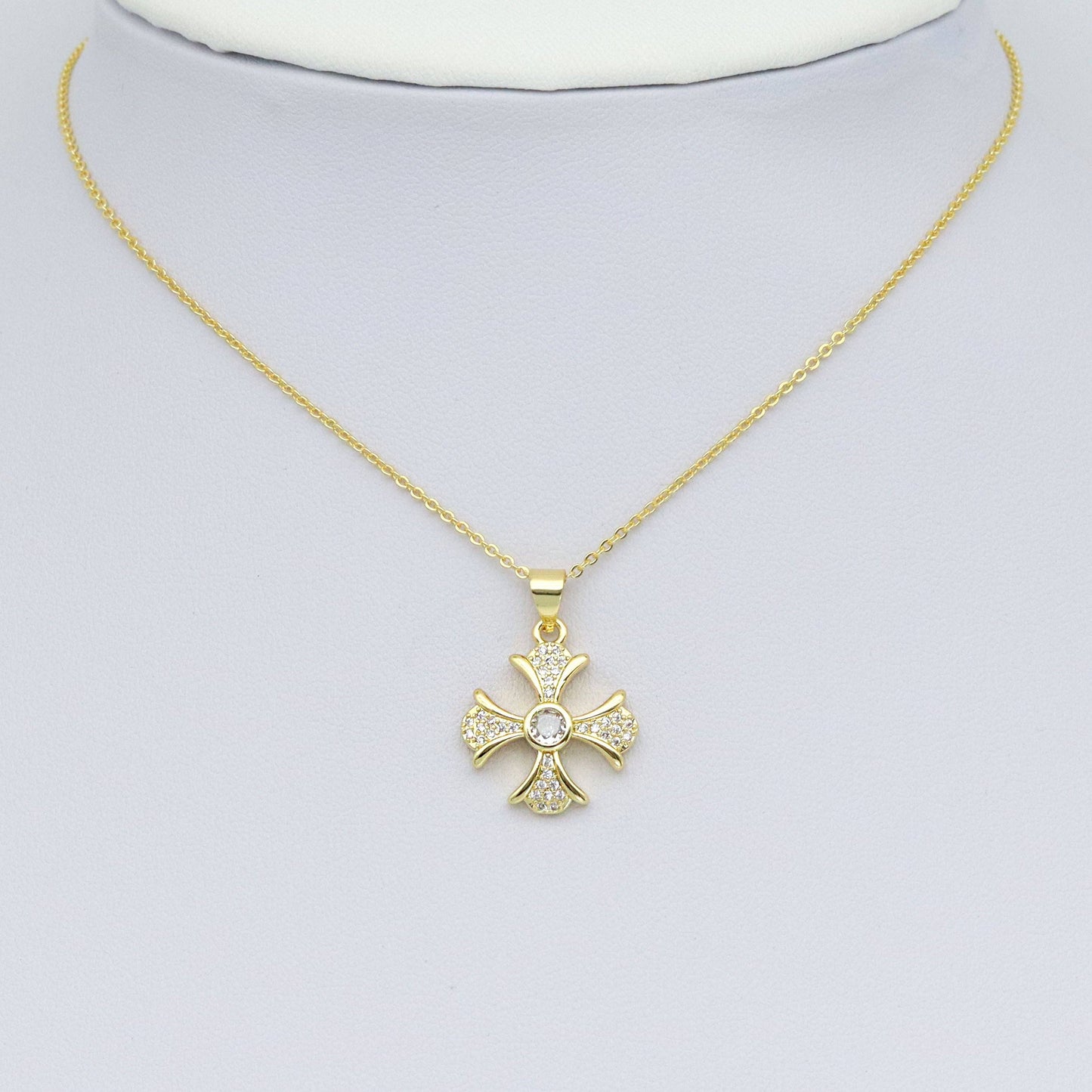 Gold Clear CZ Cross Flower Charm Pendant, Sku#LK986