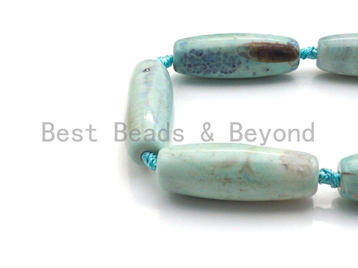 1pc/8pc Natural Turquoise Blue Agate Barrel Spacer Beads, Blue Black Agate Spacer Beads, Tibetan Dzi Beads, 14x40mm, sku#U884
