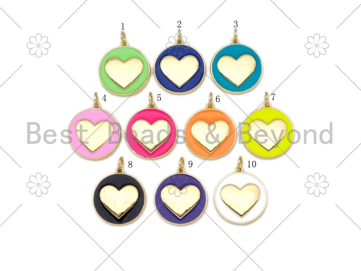Gold Heart On Colorful Enamel Round Coin Shape Pendant, 18K Gold Filled Heart Charm,Enamel Pendant,Enamel Jewelry,17x19mm,Sku#F1411C