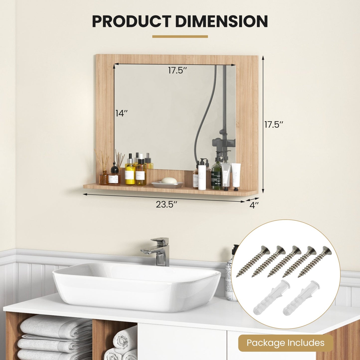 Rectangle Bathroom Mirror with Shelf 23.5 x 17.5 Inch and Wood Frame