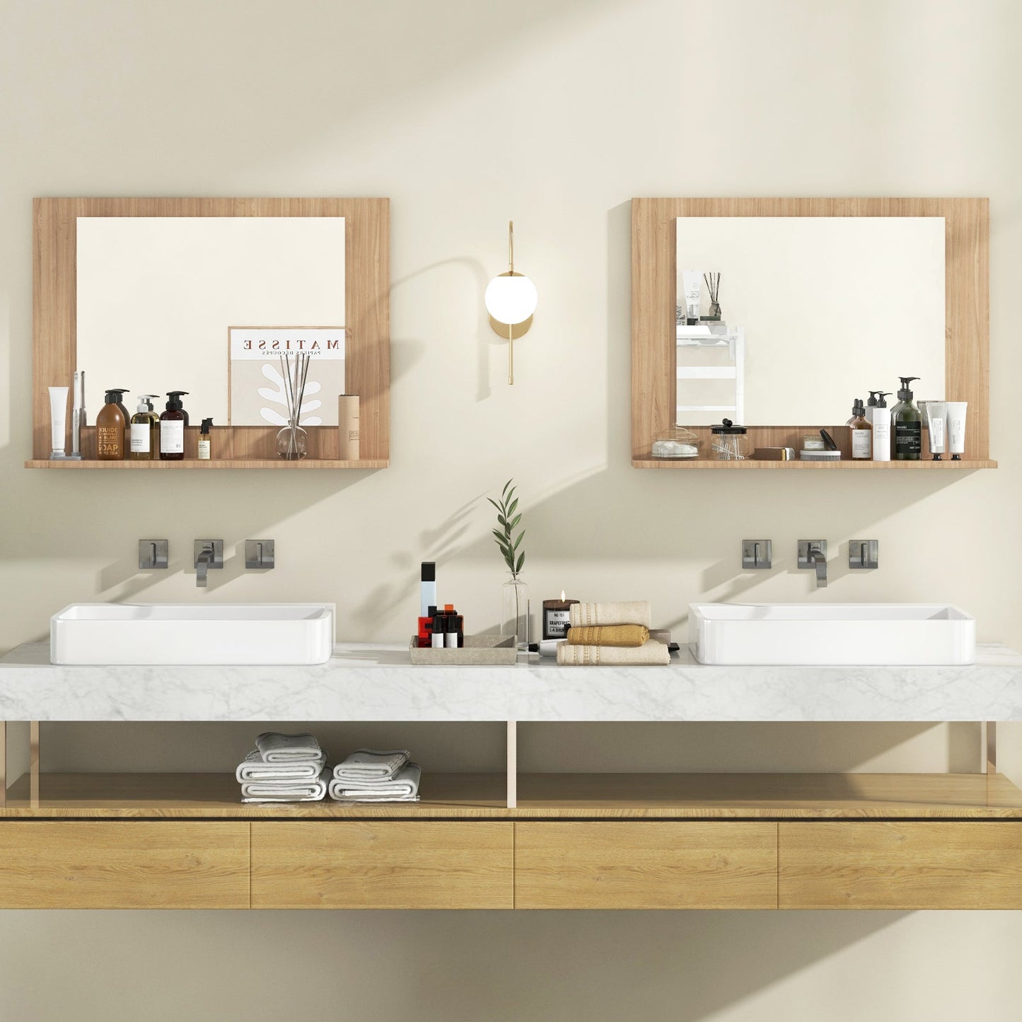 Rectangle Bathroom Mirror with Shelf 23.5 x 17.5 Inch and Wood Frame
