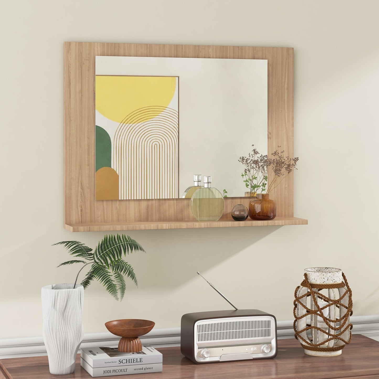 Rectangle Bathroom Mirror with Shelf 23.5 x 17.5 Inch and Wood Frame