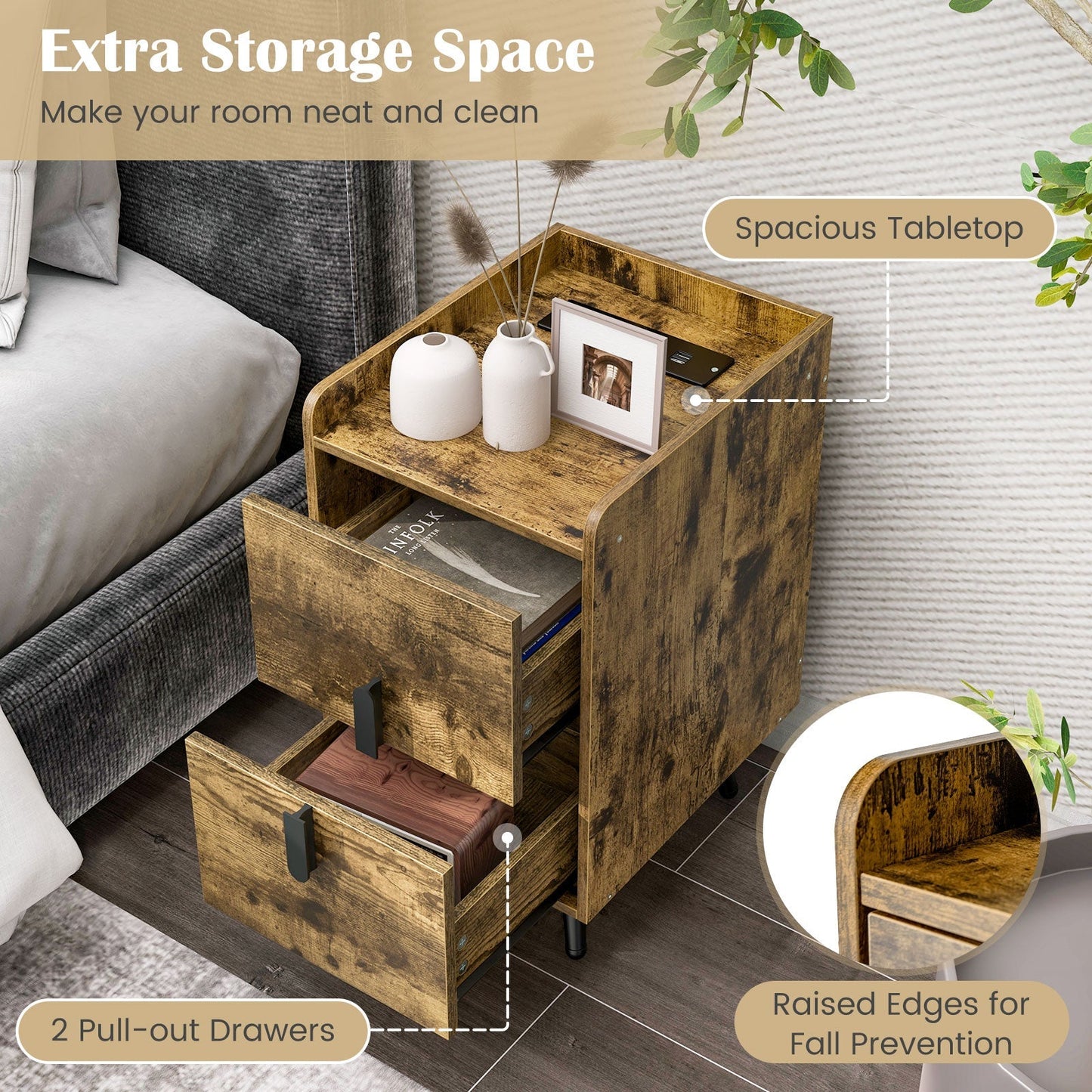 Nightstand Side Tables with 2 Drawers and 2 USB Ports