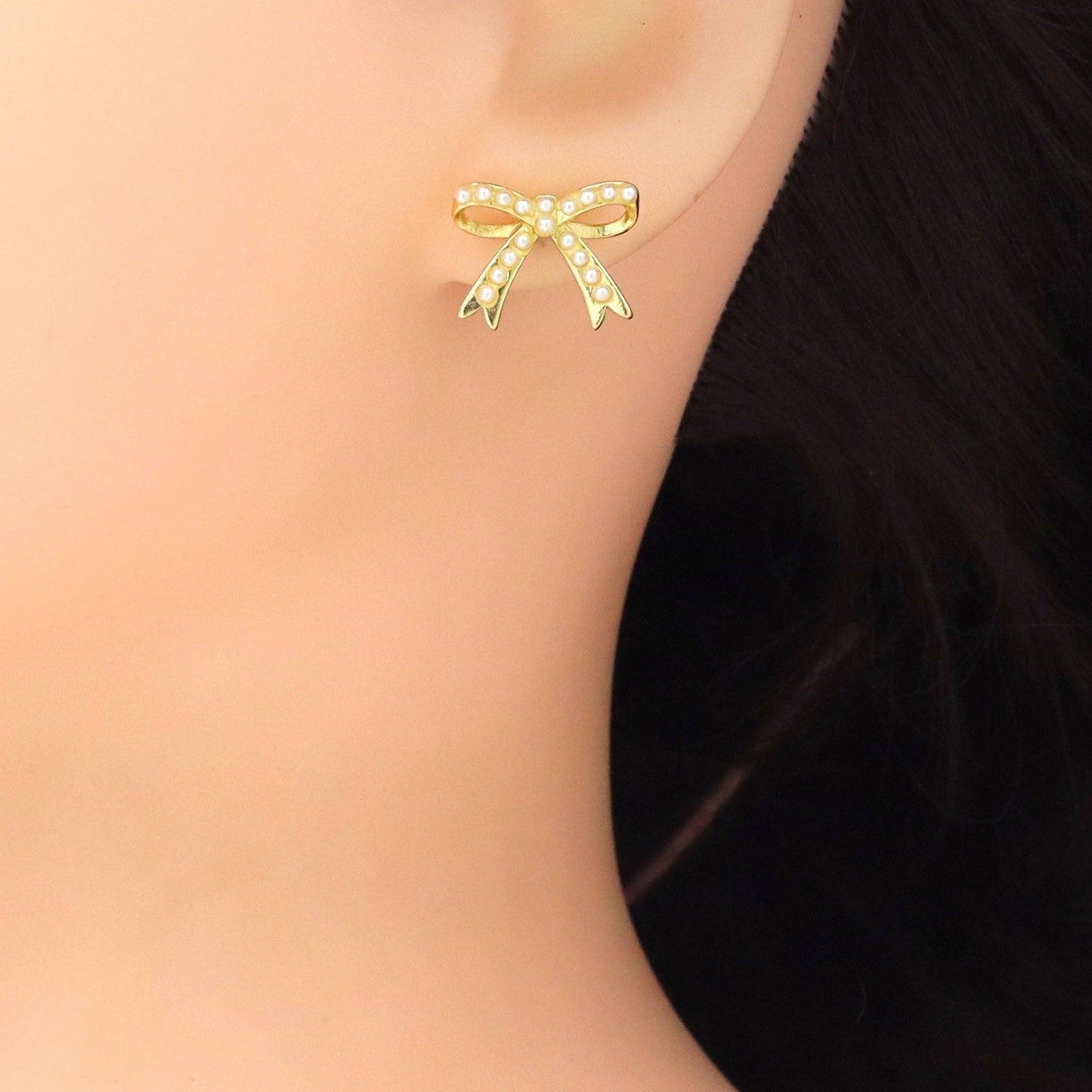 Gold White Pearl Bowknot Stud Earrings, Sku#LK967