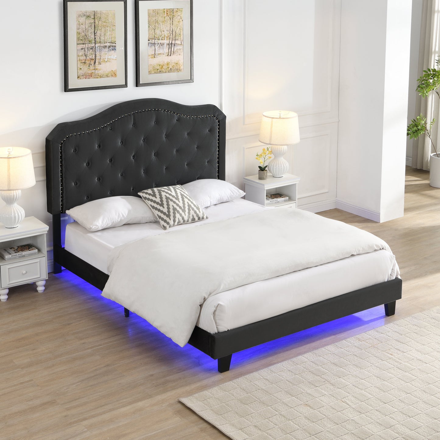Upholstered Bed Button Tufted with Curve Design