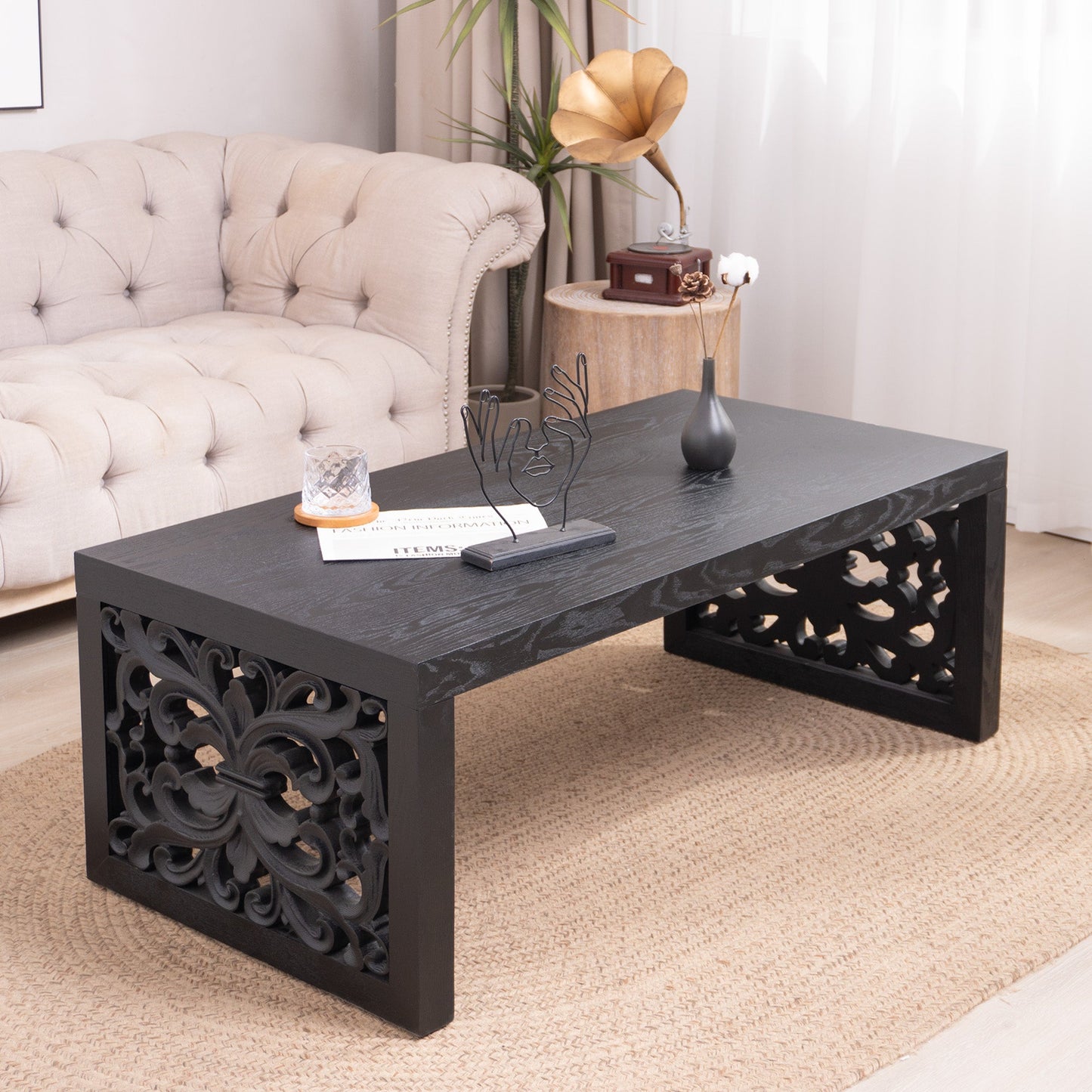 47.2" Solid Black Carved Wood Coffee Table