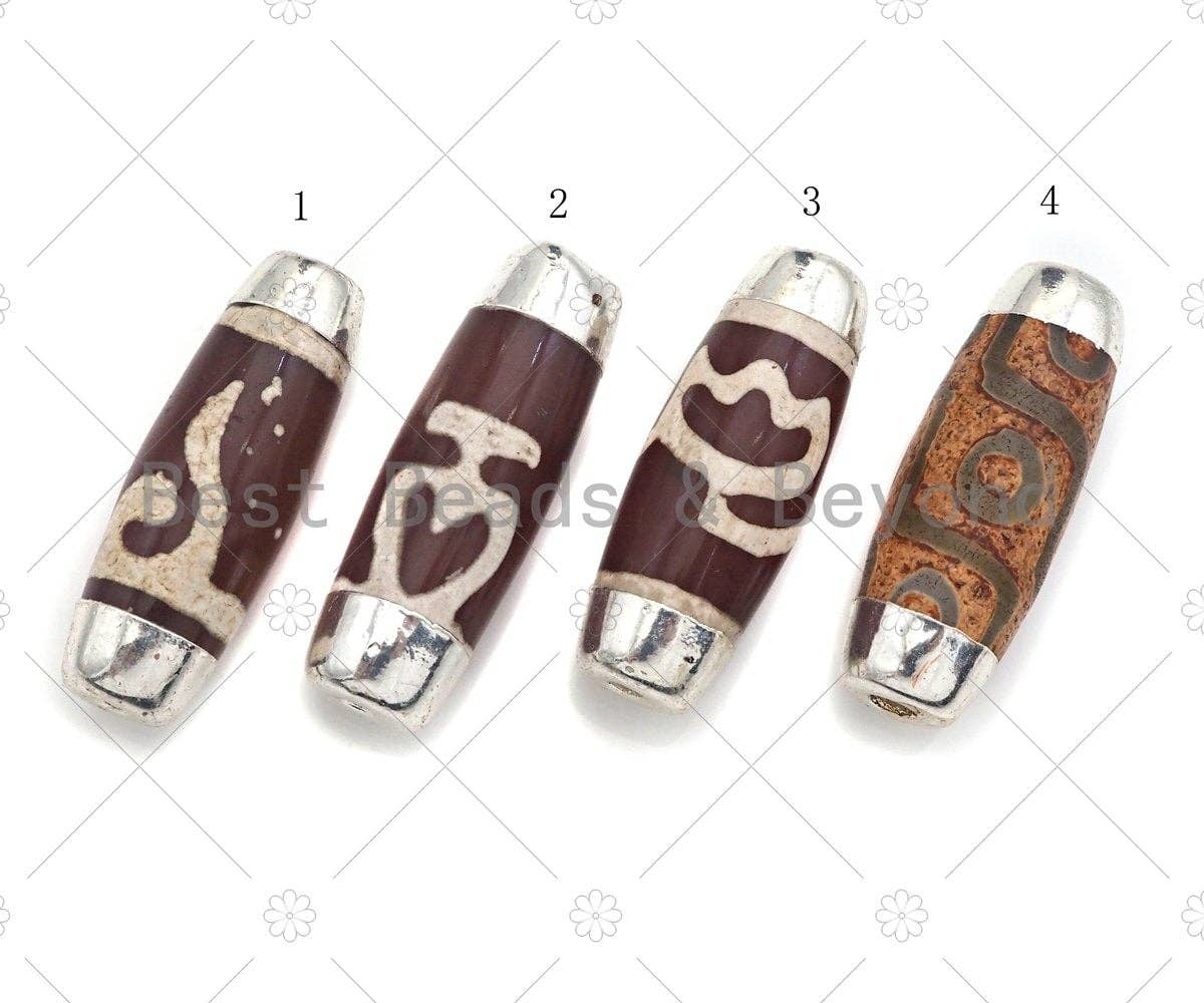 16x39mm Large Natural Tibetan Agate Barrel Shape Spacer Beads, Silver Wrap Finish, Oval Tibetan Agate Beads, sku#U962