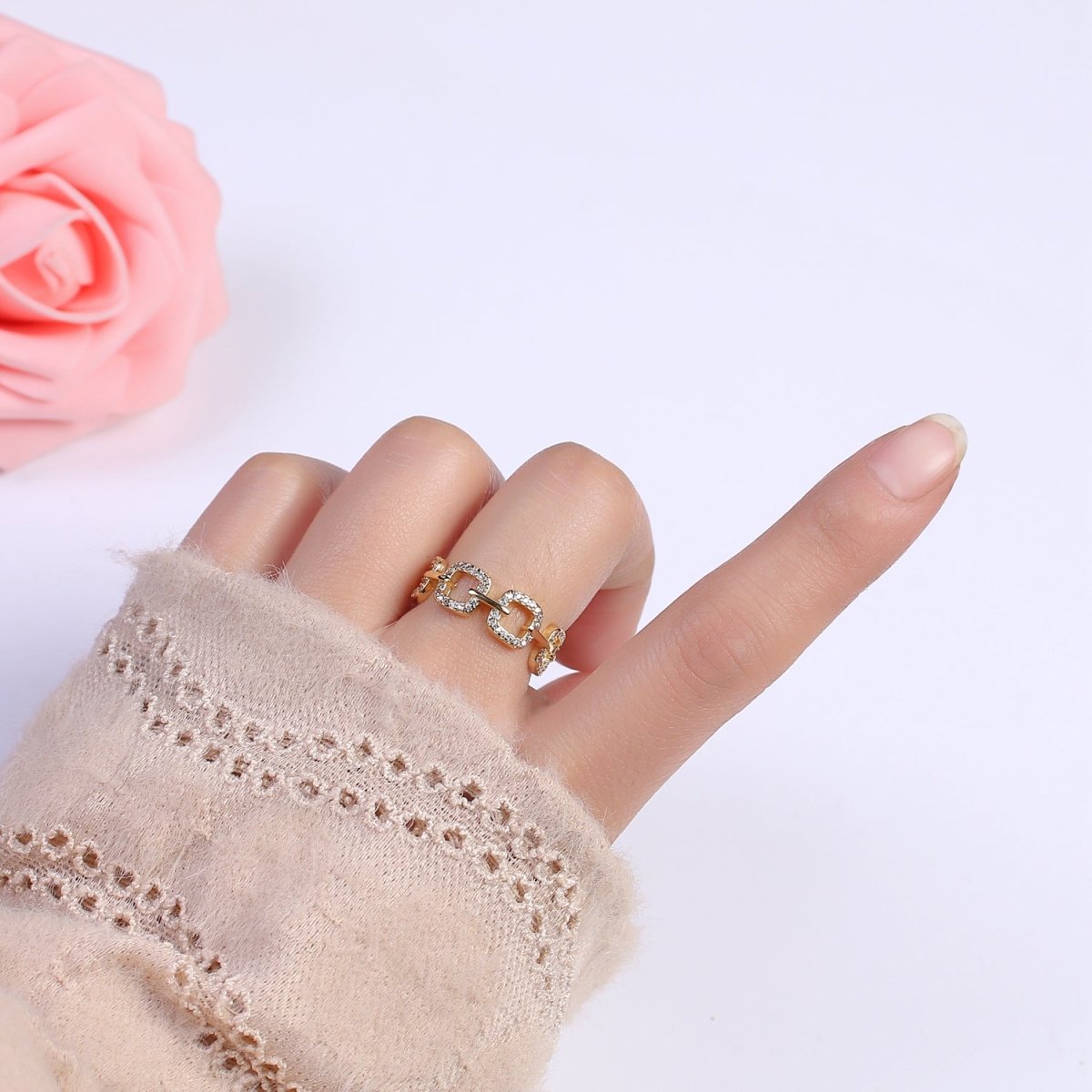 Chain Link CZ Cystral Paved Ring -Iced out chain link Ring, 14K Gold Filled ring, Staking Trendy ring S-389