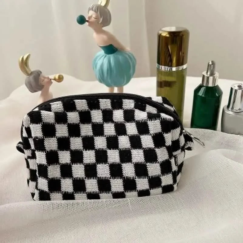 Trousse de maquillage à fermeture éclair à motif à carreaux