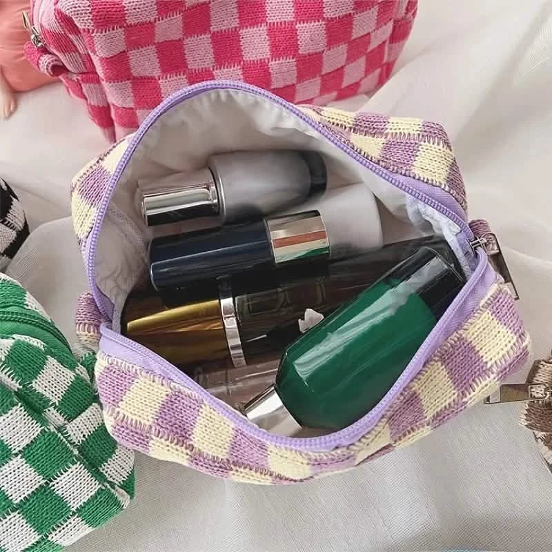 Trousse de maquillage à fermeture éclair à motif à carreaux