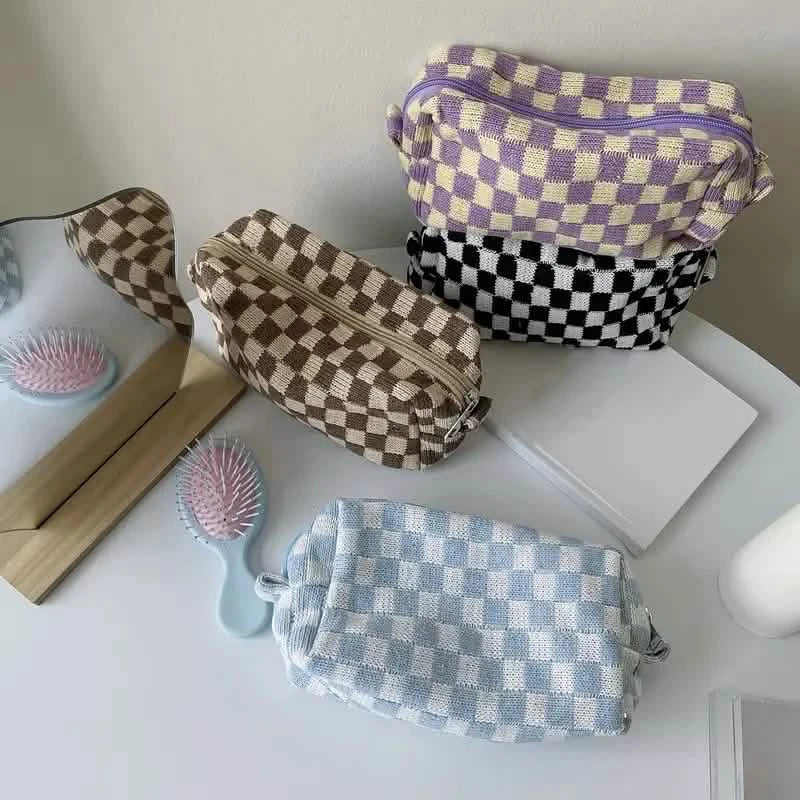 Trousse de maquillage à fermeture éclair à motif à carreaux
