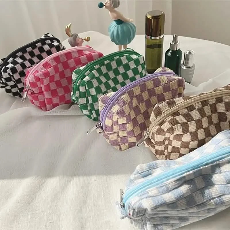 Trousse de maquillage à fermeture éclair à motif à carreaux