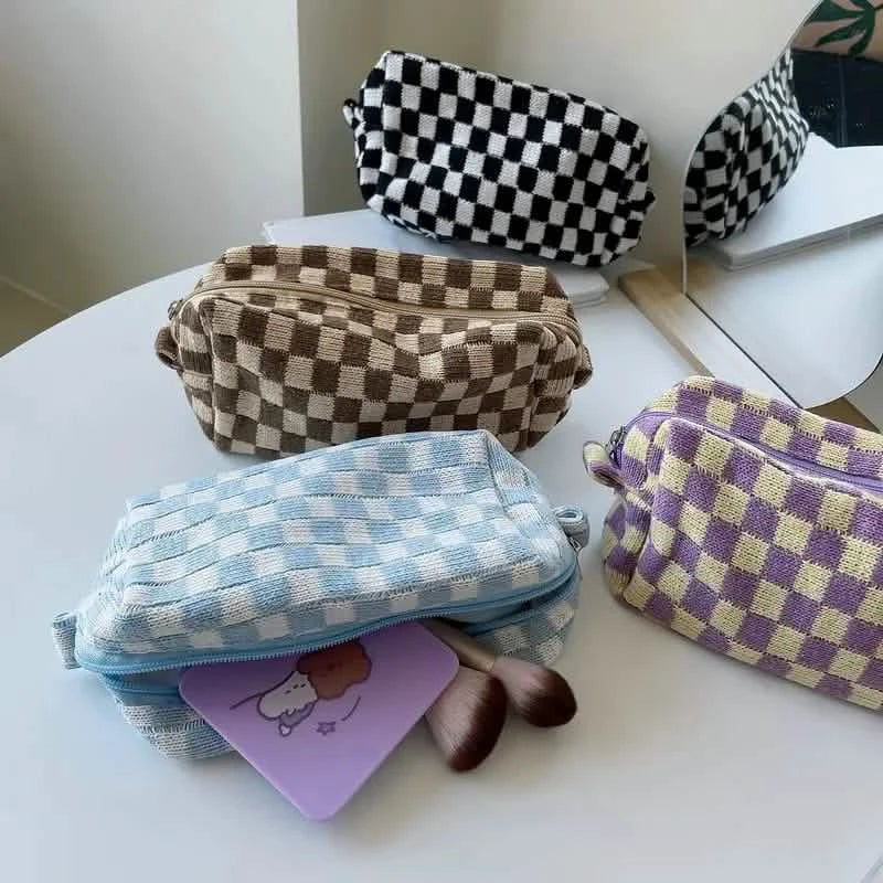 Trousse de maquillage à fermeture éclair à motif à carreaux