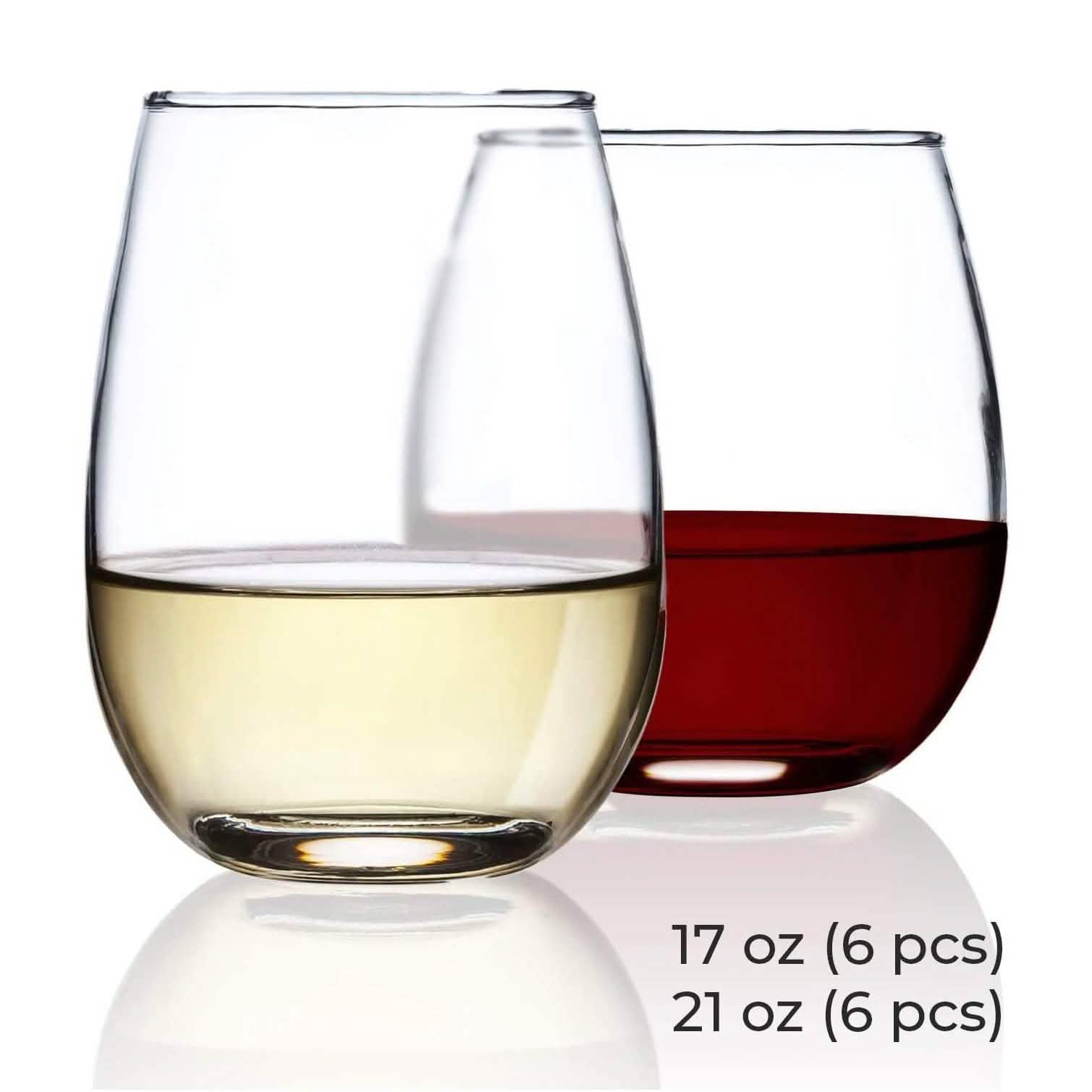Chef's Star Stemless Wine Glasses Set of 6-17 Oz and Set of 6-21 Oz