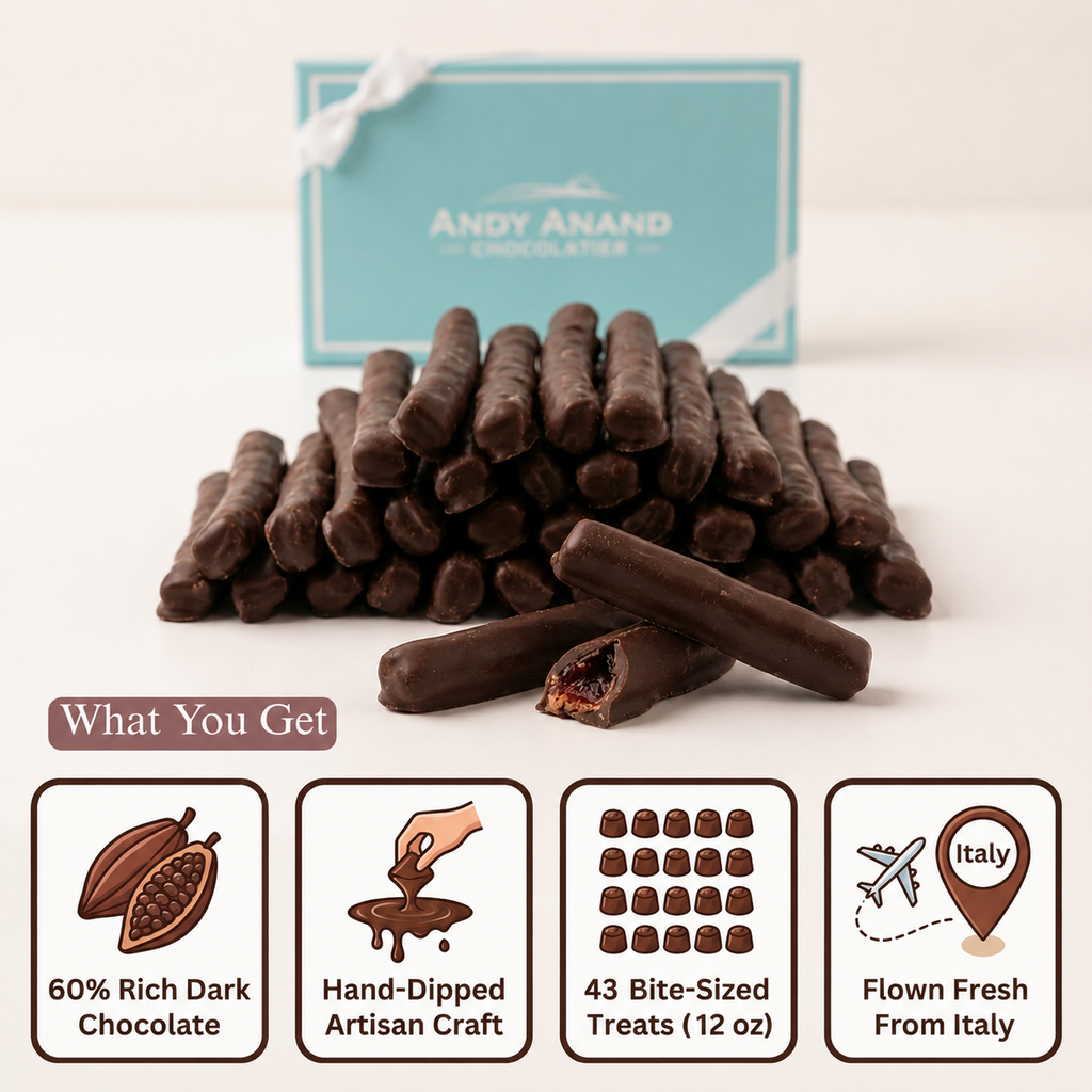 Andy Anand 60% Dark Chocolate Cherry Peel, Vegan, Gluten-Free, 12oz Gift Box (Approx. 43 Hand-Dipped Pieces) – Premium Italian Gourmet Treat