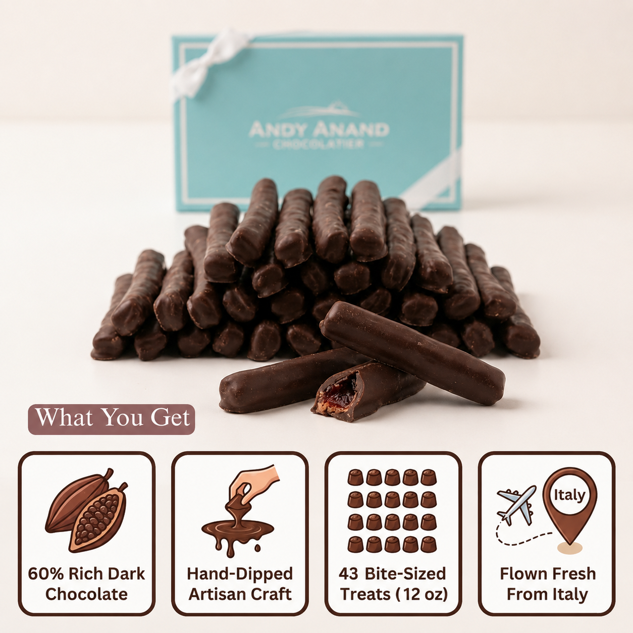 Andy Anand 60% Dark Chocolate Cherry Peel, Vegan, Gluten-Free, 12oz Gift Box (Approx. 43 Hand-Dipped Pieces) – Premium Italian Gourmet Treat