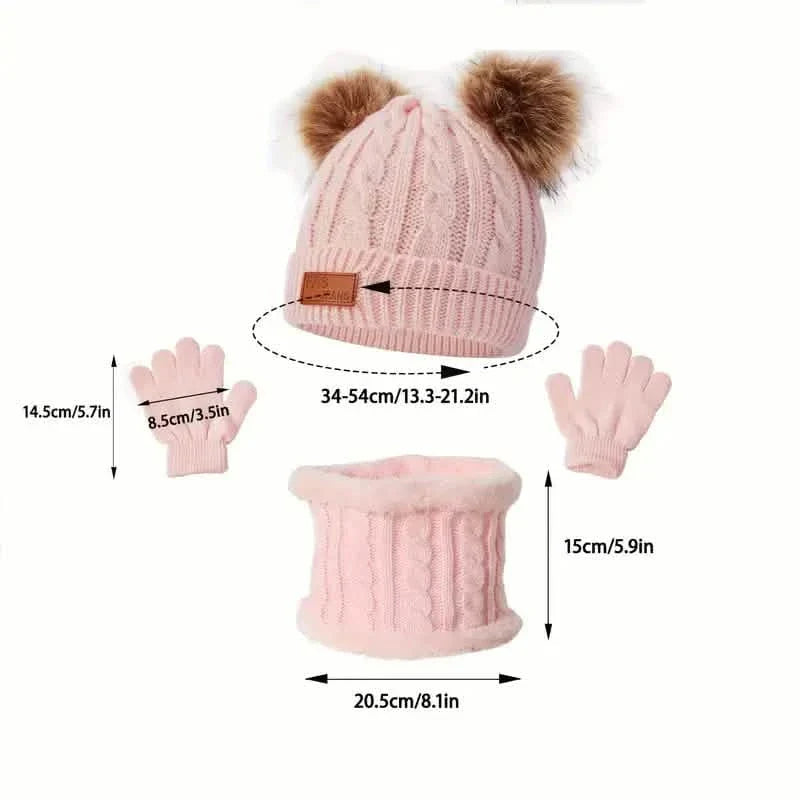 Children's Winter Knitted Wool Lining Warm Hat, Scarf, Glove Set For 2-5 Year Old Boys And Girls