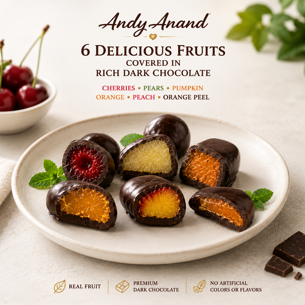 ANDY ANAND Chocolate Covered Fruits Collection Gift Box, 20 Pieces – Cherry, Pear, Pumpkin, Orange, Peach &amp; Orange Peel Covered in Premium Dark Chocolate, Gourmet Fruit Assortment, California Made, Gift Ready