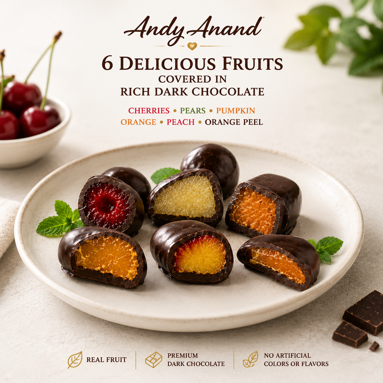 ANDY ANAND Chocolate Covered Fruits Collection Gift Box, 20 Pieces – Cherry, Pear, Pumpkin, Orange, Peach &amp; Orange Peel Covered in Premium Dark Chocolate, Gourmet Fruit Assortment, California Made, Gift Ready