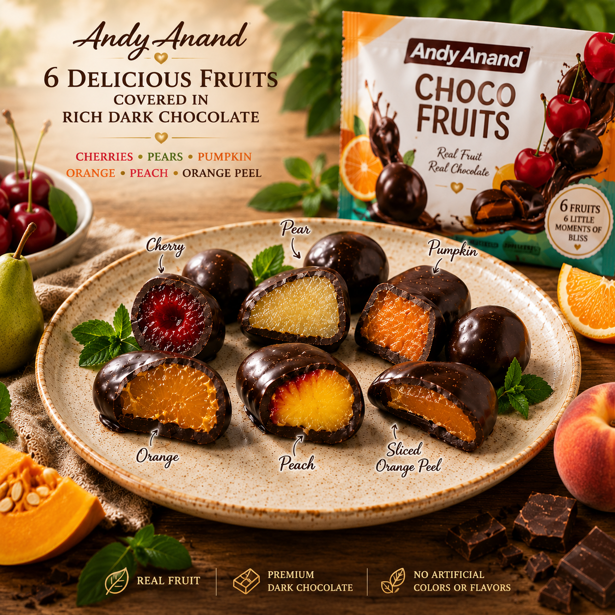 ANDY ANAND Chocolate Covered Fruits Collection Gift Box, 20 Pieces – Cherry, Pear, Pumpkin, Orange, Peach &amp; Orange Peel Covered in Premium Dark Chocolate, Gourmet Fruit Assortment, California Made, Gift Ready