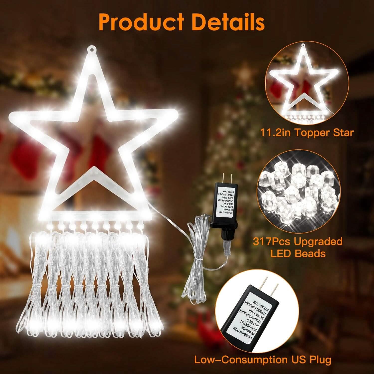 Christmas Hanging Waterfall String Light with Topper Star