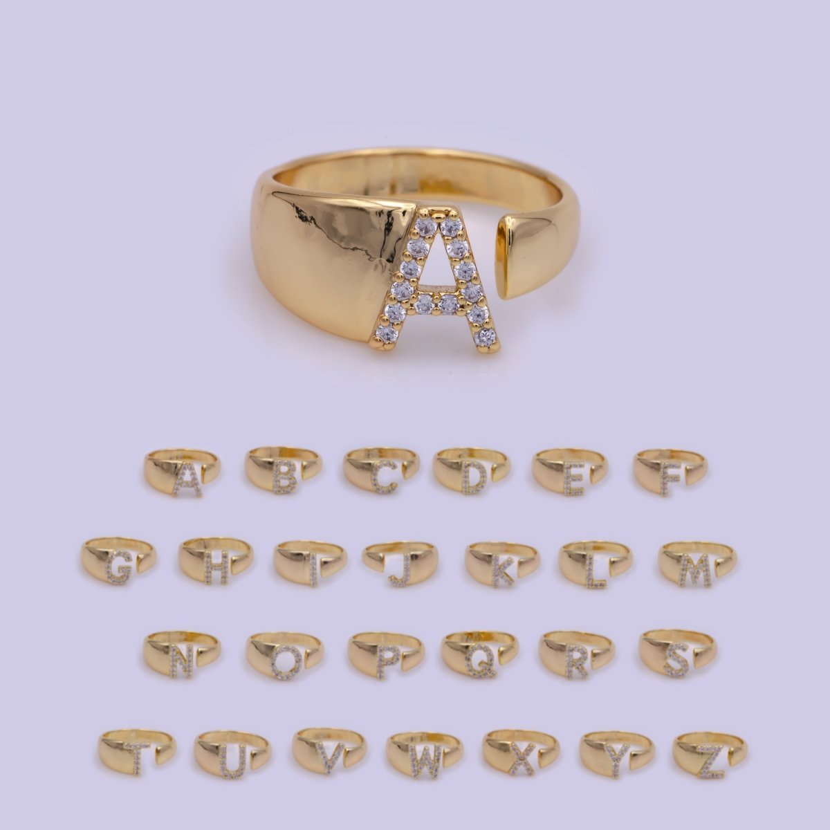 Chunky Cz Initial Gold Ring Alphabet Ring Stacking Ring Adjustable Ring Letter Ring Vintage Gold Rings Initial Ring Thumb Ring Open Ring S-269-S-294