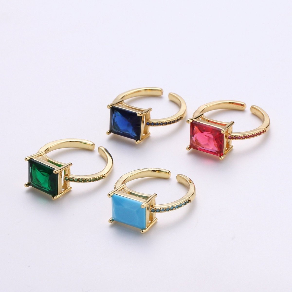 Chunky gemstone ring- cocktail gemstone ring - topaz ring - Dainty Gold Open ring - Adjustable Gold band ring - blue Green Red Teal Cz Ring R-094-R-097