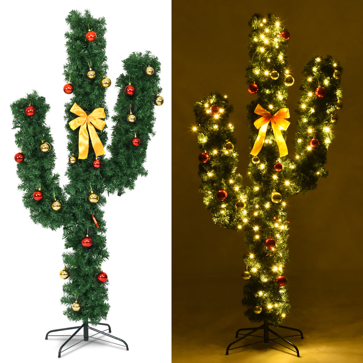 6 Feet Artificial Cactus PVC Christmas Tree with LED Lights and Ball Ornaments
